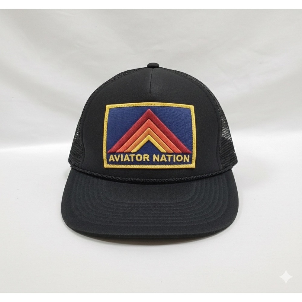 Aviator Nation Black Trucker Hat Mesh Logo Patch‎ Baseball Cap Snapback Rainbow
